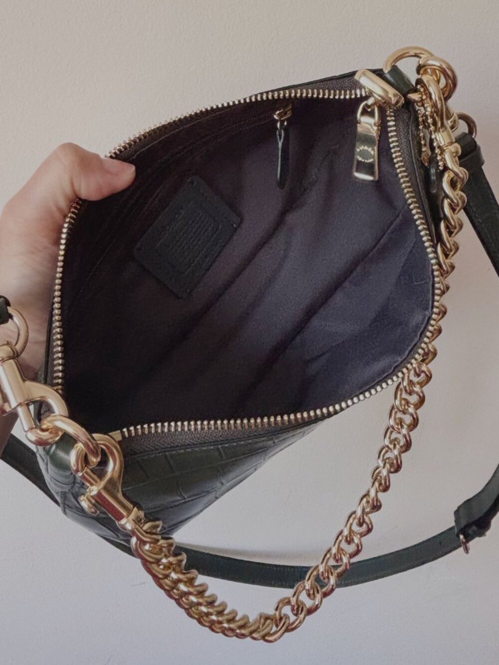 Coach Charlotte Shoulder Bag Dark Green Croc Embossed Leather Gold Chain LikeNew - Picture 8 of 8
